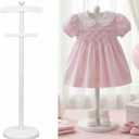 Bucherry 1 Pack Baby Clothes Display Stand Wooden Baby Shower Centerpiece Adjustable Height Circle Shaped Dress Hanger Doll Dress Outfit Stand Rack Hand Assembled Hangers Display Set (White Color)
