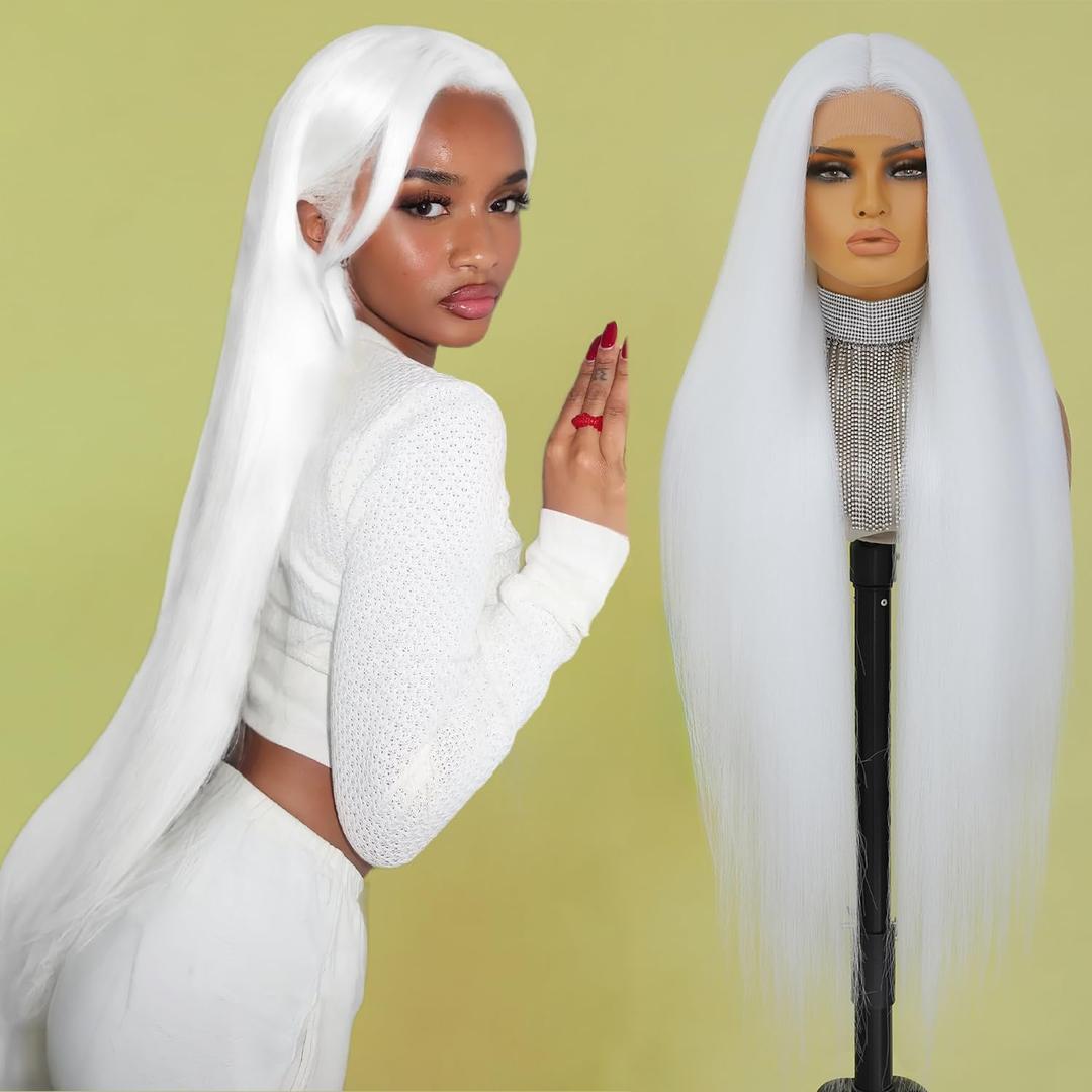 Felek Super Long White T Part Lace Wig Synthetic 40 Inch Straight 13x4x1 T Lace Front Wigs Heat Resistant Fiber Glueless Pre-Plucked Natural Hairline Lace Wig For Fashion Women/Girls(White)