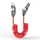 AGVEE 3ft 4-in-1 Coiled Multi USB C Charging Cable, Secure-Slide No-Loss Adapters, Slim Tips Fit Thick Cases, Lightning End Reinforced, PD 60W for iPhone Carplay, Samsung, iPad, Red