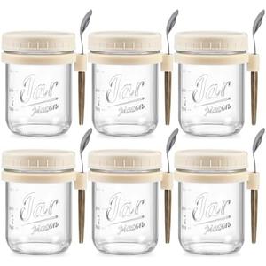 4 Pack Overnight Oats Containers with Lids and Spoons, 16 oz Glass Mason Overnight Oats Jars, Large Capacity Airtight Jars for Milk, Cereal, Fruit(Beige）