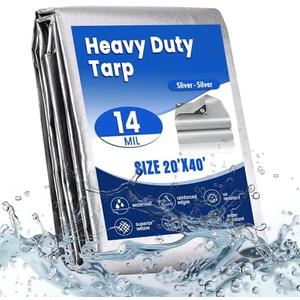 Heavy Duty tarps, 14 Mil Sliver Thick Waterproof Poly Tarp for Outdoor Camping Pool Car Tent, Rip and Tear Proof Tarpaulin with Grommets and Reinforced Edges