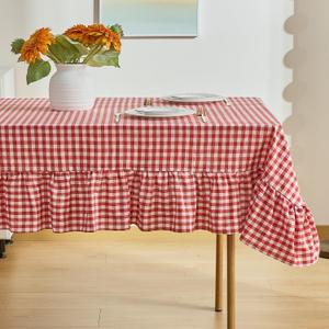 Red Gingham Tablecloth, 100% Washed Cotton, Classic Vintage Decorative Table Cover, Buffalo Plaid Checkered Ruffled Table Cloth for Kitchen Dining Room Party (Rectangle, 70 x 52 in)