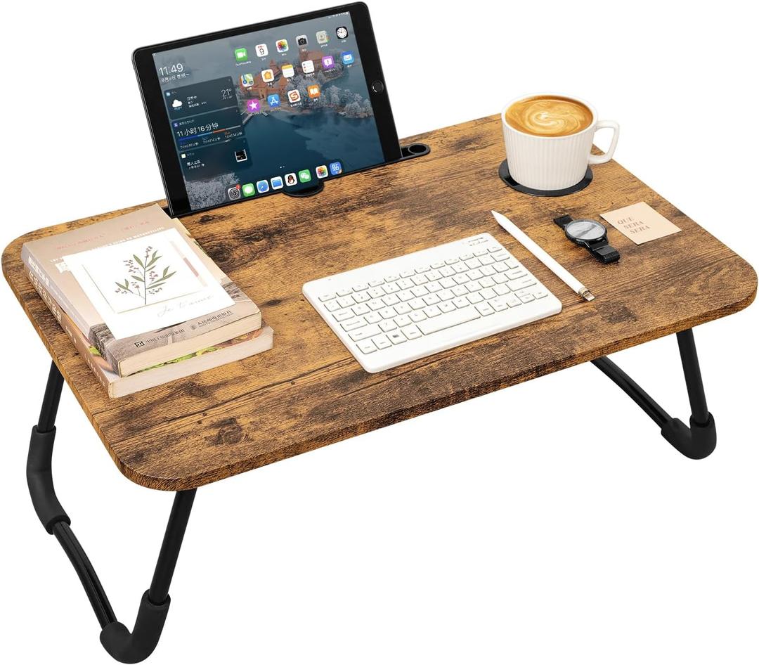 Lap Desk Foldable Laptop Table Portable Bed Tray Desk with Holders for Cup and Tablet Small Personal Lap Tables for Sofa Couch Floor Travel Beach Camping Dark Brown