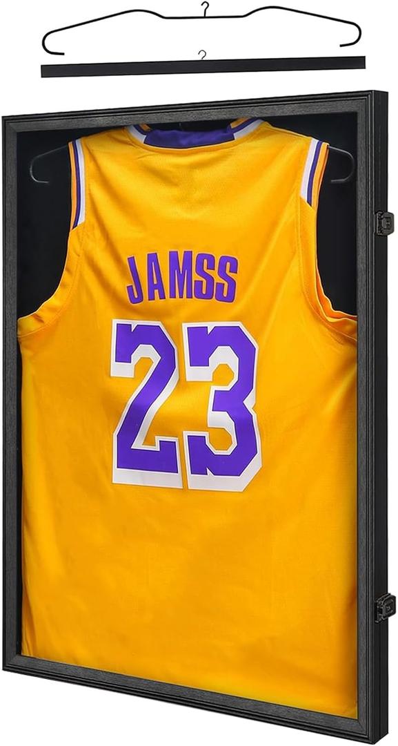 KCRasan Jersey Frame Display Case - Jersey Display Case - Large Lockable Frames Shadow Box with UV Protection for Baseball Basketball Football Soccer Hockey Sport Shirt, Black Finish, Black Locks