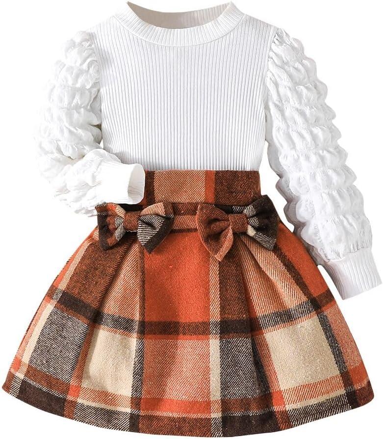 Noubeau Toddler Girls Plaid Outfits Girls Puff Sleeve Knit Ribbed Shirt Tops Plaid Skirt Set Kids Fall Winter Clothes (2-3T, Orange-brown)