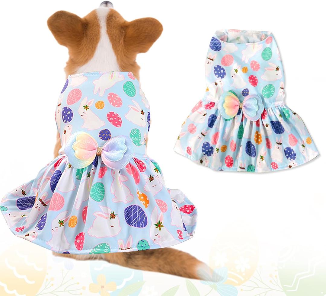 Easter Day Dog Costume Dress L, Green Clover Print with Satin Bow, White Pet Dress for 11-13 lbs Dogs and Cats, Holiday Party Clothing, Color: Light Blue, M