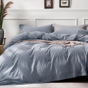 JELLYMONI Cotton Duvet Cover Full Size - Blue Vertical Pinstriped Comforter Cover with Button 100% Washed Cotton 3PCS Breathable Soft Solid Bedding Set Duvet Cover 8090in & 2 Pillowcases