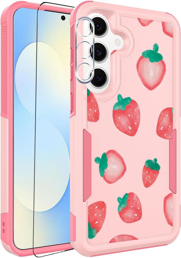 for Samsung Galaxy S25 FE 5G Case with Screen Protector + Camera Lens Protector: Cute Flower Floral Fruit Design for Girls Women Slim TPU Bumper Silicone Cell Phone Cover (Strawberry)