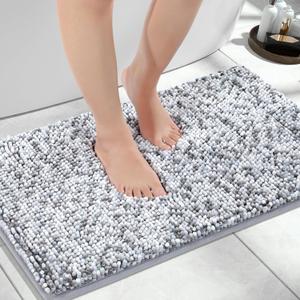 Yimobra Chenille Bathroom Rugs, 28x17.5, Extra Soft Bath Mats for Bathroom Non Slip, Fluffy Plush Luxury Shower Mat Outside, Water Absorbent, Machine Washable, Light Gray & Dark Gray