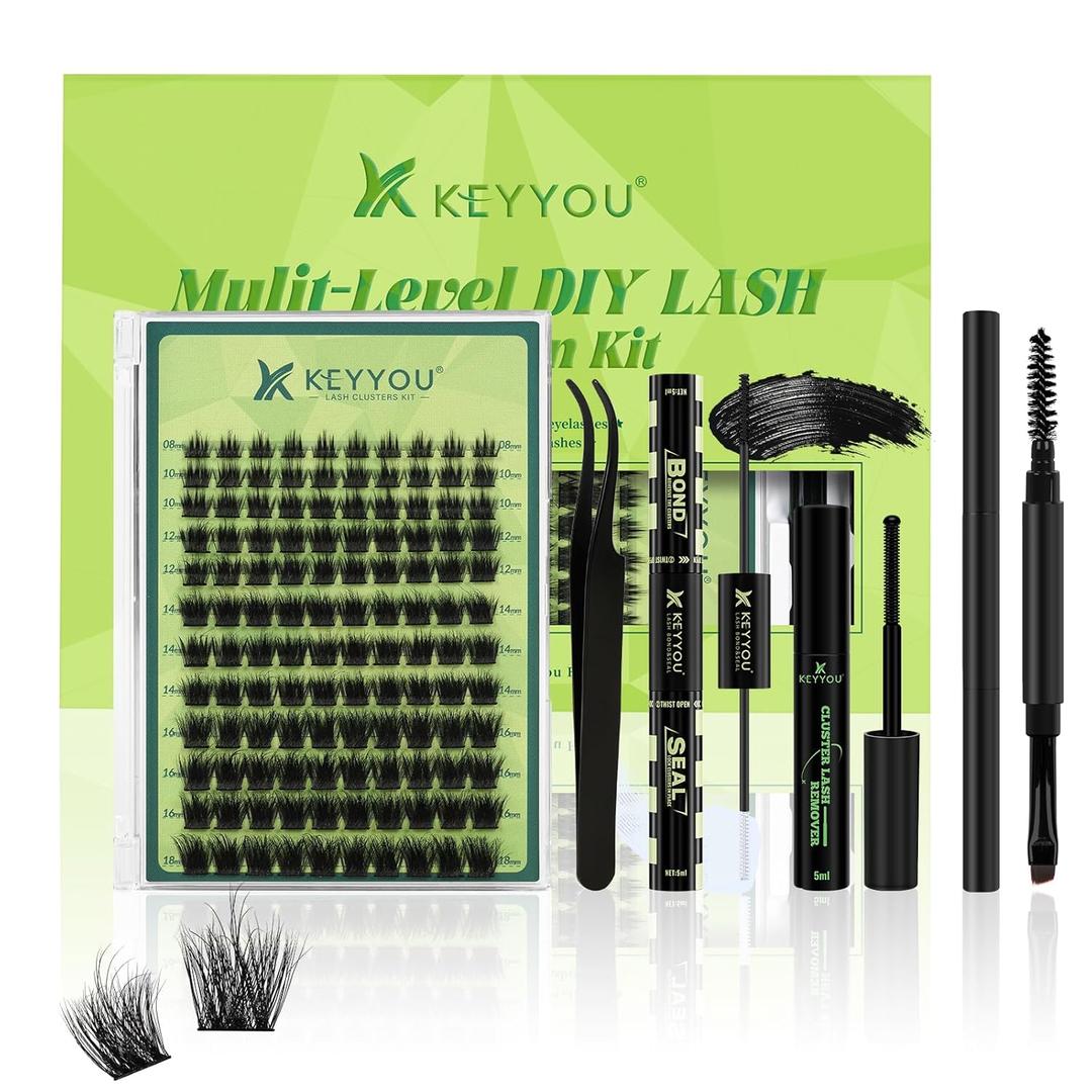 KEYYOU Lash Extension Kit 3D Effect Volume Lash Clusters Kit 120pcs D Curl Waterproof Kit DIY Eyelash Extension Kit with Bond and Seal Lash Glue Remover Lash Applicators (Kit-PuffSilk V3D05-8-18MIX)
