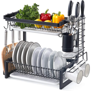 istBoom Stainless Steel Dish Drainer Black, 2-Tier Dish Drying Rack Kitchen Counter Organizer and Storage, Drainboard Utensil Holder Cutting Board Holder Hooks