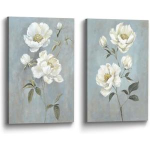 Color Play Flower Canvas Abstract Wall Art: 2 Pieces White Floral Prints Artwork Vintage Peony Bouquet Botanical Painting Picture for Bedroom Living Room Bathroom Home Office, 24"L x 16"W x 2