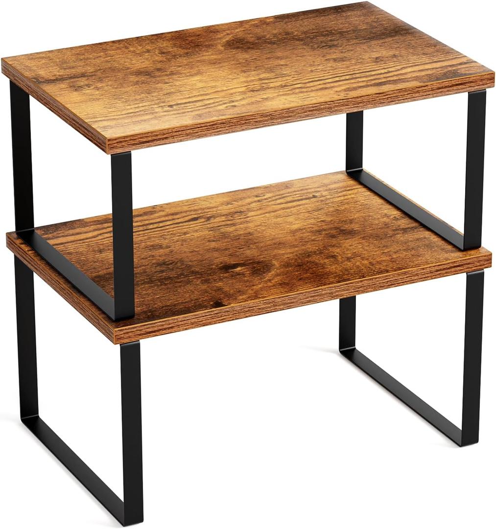 2 Set Metal & Engineered Wood Kitchen Shelf Stackable Cabinet Organizer, Countertop Spice Rack Storage, Expandable for Pantry/Counter (Brown Black)