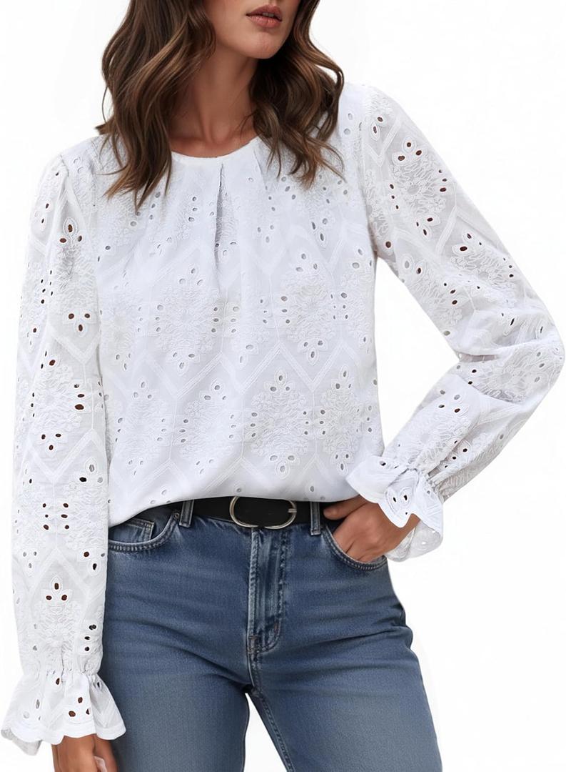 IWH Womens Eyelet Tops Dressy Casual Long Sleeve Pleated Blouses 2025 Trendy Fall Crewneck Embroidered Lace Shirts (Large, White)