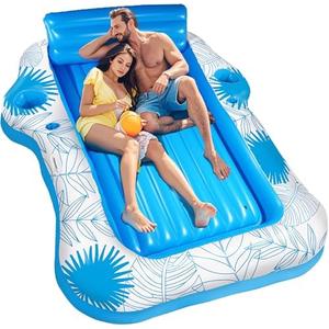 Inflatable Pool Lounger Float for Adults - JIANYHW X-Large Beach Sun Tan Tub Pool Lounge Raft Sunbathing Pool Floaties with 2 Food/Drink Holder, Blow Up Tanning Pool Bed Floating Mat