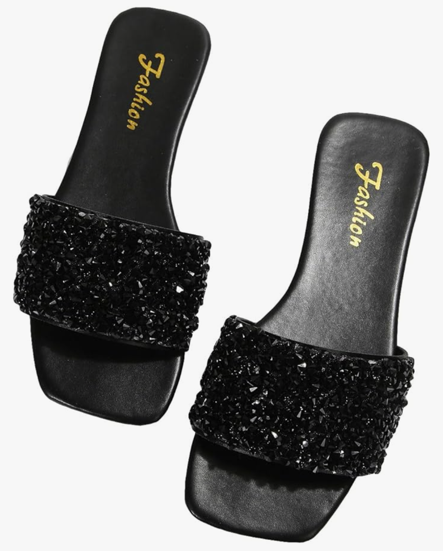 GORGLITTER Glitter Sandals Sparkly Sandals Casual Rhinestone Slides Bling Open Toe Sandals, Size 43