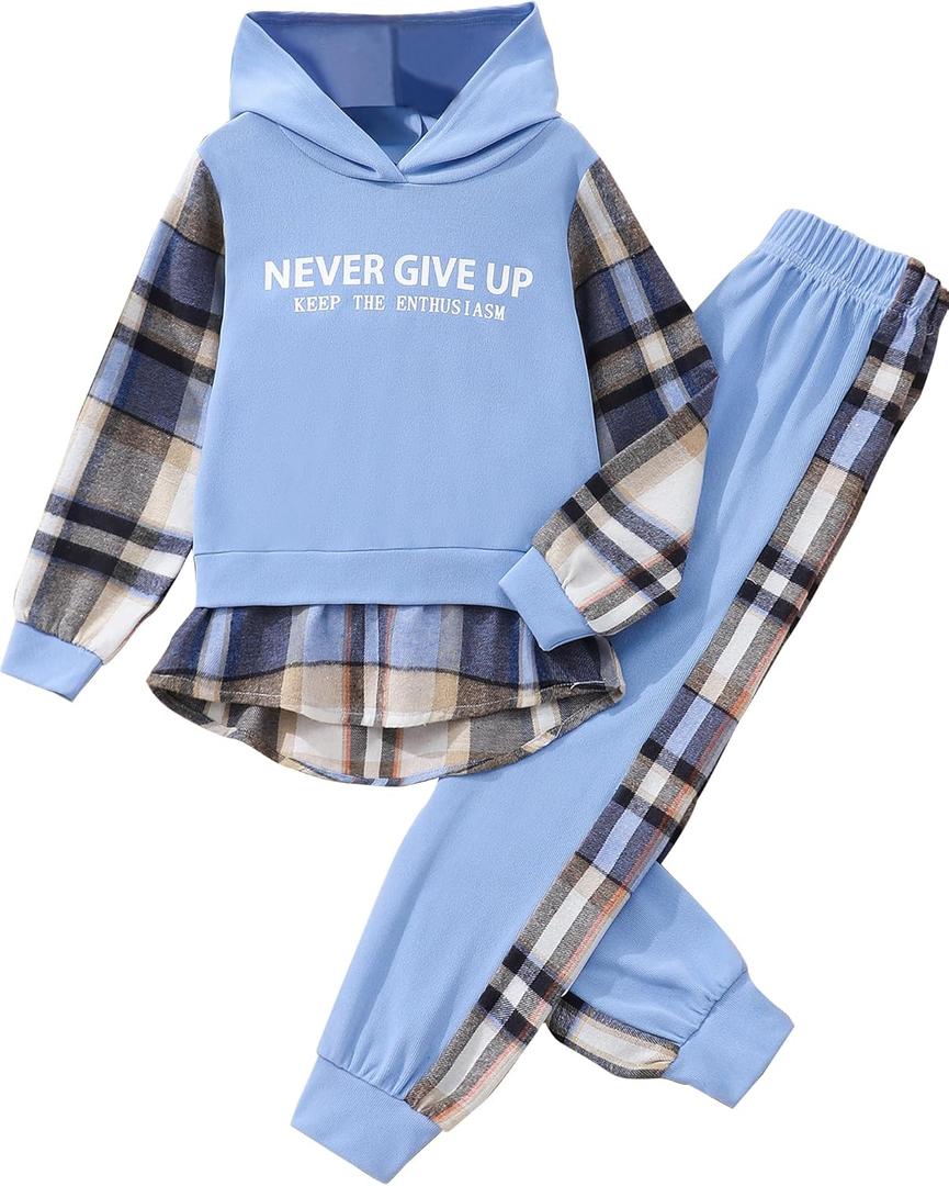Hilinker Girls Plaid 2 Piece Outfits Graphic Color Block Hoodie and Sweatpants Set Blue Plaid Letter 11-12 Year