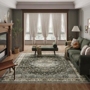 Dripex 8x10 Area Rugs, Machine Washable Non Slip Distressed Boho Rugs,Large Area Rug for Bedroom Aesthetic, No Pile Lightweight Vintage Rug, Carpet for Living Room Dining Room Den,Dark Blue and Green