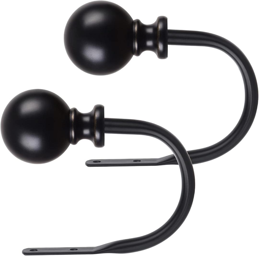 KAMANINA Curtain Holdbacks, Black Curtain Tiebacks Wall Mounted with Round Finials, Metal Curtain Pull Backs with Screws, Decorative Curtain Hooks for Drapes Bedroom (1 Pair/2 Pack, Small)