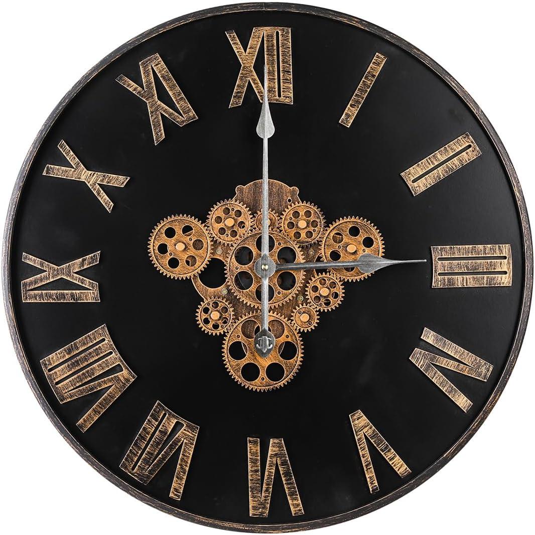 24 Inch Black Large Round Vintage Industrial Wall Clock with Real Moving Gears, Black Roman Numeral, Battery Operated, Silent, Farmhouse Decor for Home, Office, Living Room, Bedroom