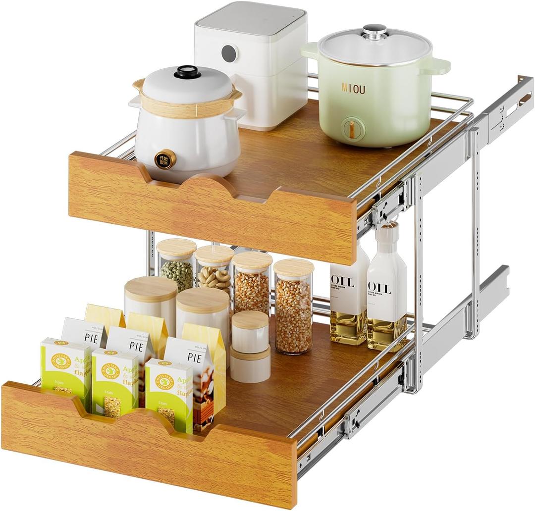 DINDON 2 Tier Pull Out Cabinet Organizer (17" W x 21" D) Slide Out Wood Shelf Double Tier Kitchen Wire Basket With Chrome Finish