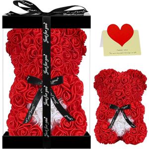 Double Couple Gift for Mom Women-Rose Cute Bear - Rose Adorable Teddy Artificial Bear - Best Gift for Valentines Day, Mothers Day, Anniversary, Birthdays - Clear Gift Box Included! 10 Inches Tall (Red)