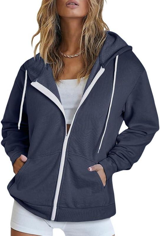 Dokotoo Women's Full Zip Up Hoodie Long Sleeve Hooded Sweatshirts Pockets Jacket Coat for Women (Medium, A Navy Blue 2)
