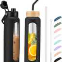 Kodrine Water Bottle with Straw, 24 oz Glass water Bottle with 2 Lids Bamboo Straw Lid and Spout Lid with Handle, 32 oz Clear Water Bottle Glass for Sports Travel, Waterbottle with Time Marker