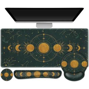 Large Desk Mat, Gaming Mouse Pad, Desk Pad Protector, XXL Mousepad + Keyboard Wrist Rest+Mouse Wrist Rest+Coaster Ergonomic Desk Pad for Home Office Decor, Dark Green Gold Moon Phases Constellation