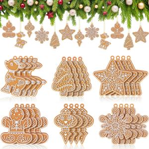 Soaoo 24 Pcs Gingerbread Cookie Ornaments, Gingerbread Ornaments for Christmas Tree, Mini Snowflake Reindeer Hanging Christmas Decorations for Xmas Tree Winter Holiday Crafts, 6 Designs
