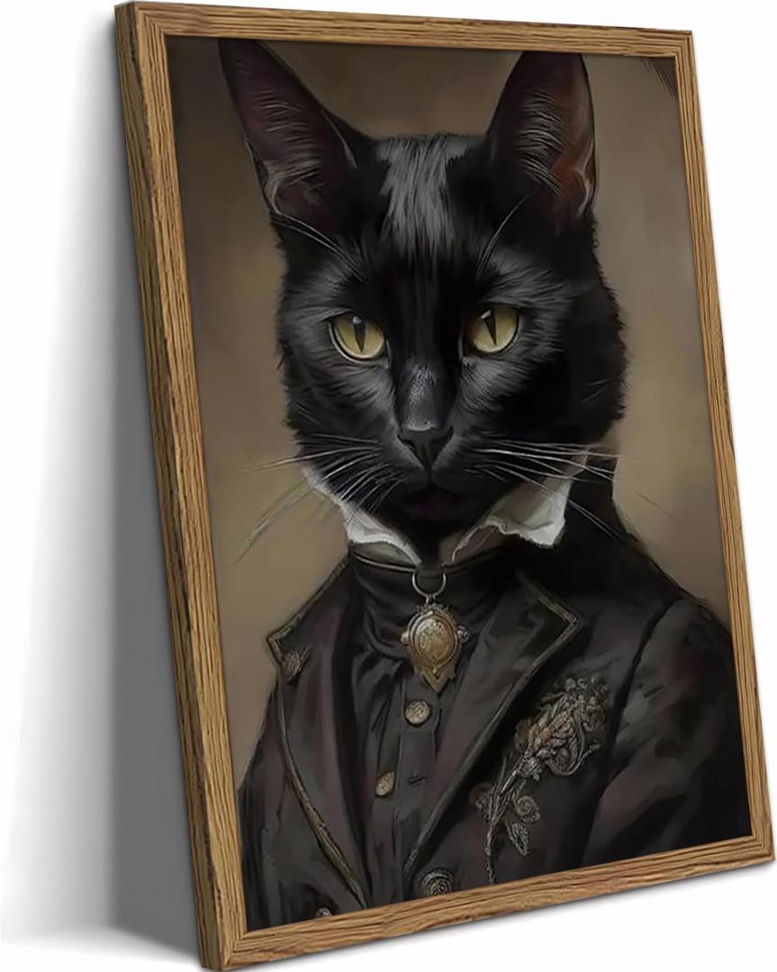 Framed Black Cat Canvas Wall Art, Gothic & Dark Academia Home Decor, Cat Lover Poster for Bathroom, Bedroom, and Apartment ​​Perfect Gift for Halloween & Cat Enthusiasts Wooden 16x12 Inch