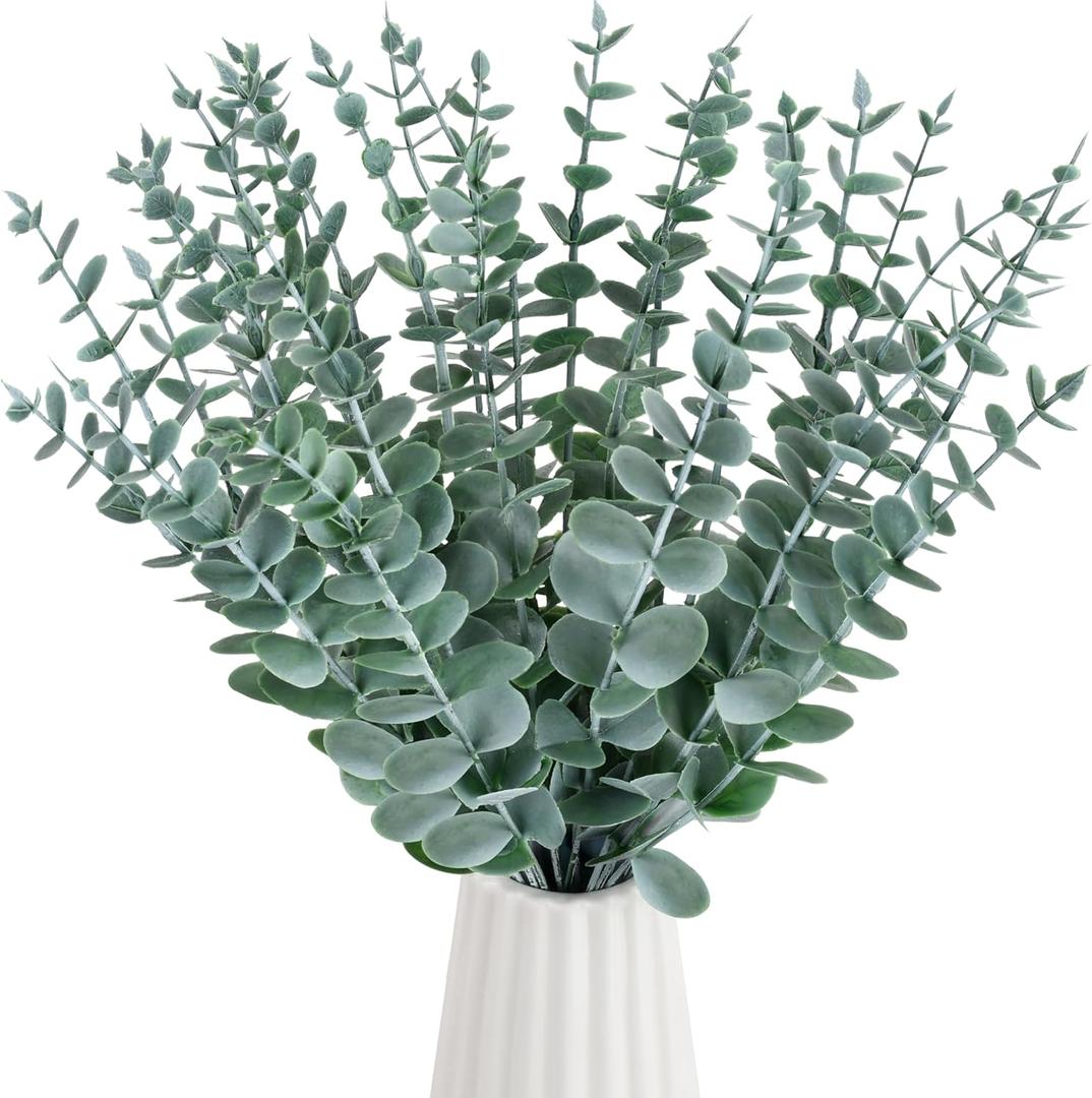 Palonu 30 Pcs Artificial Eucalyptus Stems Fake Greenery Branch Leaves Faux Sprigs Leaf for Home Office Table Centerpiece Wedding Bouquet Farmhouse Decor, Green