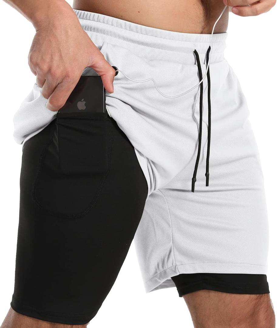 JWJ Men's Running Athletic Workout Sports Mens 2 in 1 Shorts Breathable Gym Short for Men with Pocket (White, XXL)