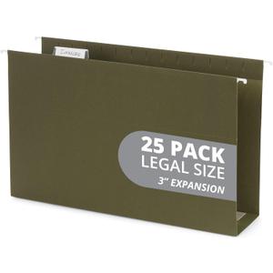 25 Blue Summit Supplies Legal Size Hanging File Folders with 3" Expansion, Standard Green Expandable Hanging File Folders, 25 Plastic Tabs and Inserts, Durable 12pt Paper