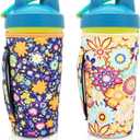 2Pack Reusable Neoprene Insulator Water bottle holder Sleeves with Handle Compatible with 28 oz Blender Bottle, 20oz - 26oz Tumbler Cup(Flower Prints), Fits 28oz Blender