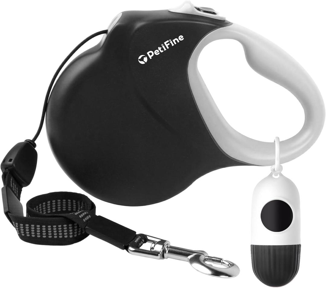 PetiFine Retractable Dog Leash with Dispenser and Poop Bags,30 FT Heavy Duty Dog Walking Leash for Medium/Large Dogs up to 110 lbs, 360 Tangle-Free Long Retract Dog Lead, One-Hand Brake, Black