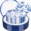 EI 60pcs Blue Plastic Plates Disposable Heavy Duty White with Blue Floral,10.25inch Dinner Plate and 7.5inch Dessert Plate,Disposable Plastic Plates for Party,Birthday,Wedding(Value,More Heavy)