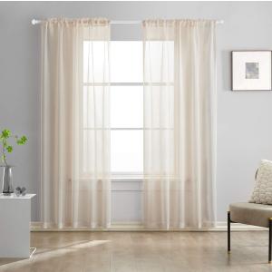 Beige Semi Sheer Curtains 84 Inches Long Faux Linen Beige Sheers Curtain for Bedroom Living Room Girls Kids Room 2 Panels 52x84