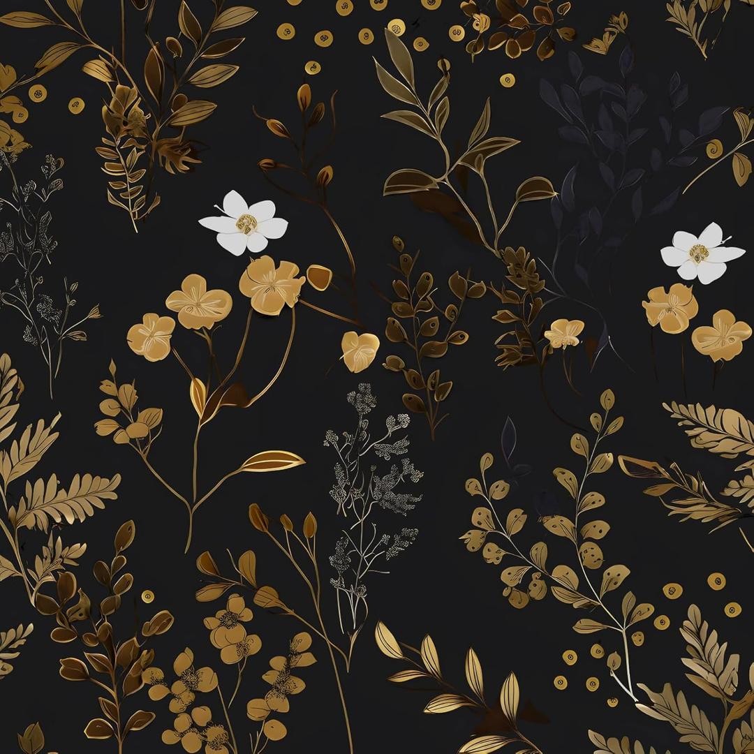 Black Floral Wallpaper Peel and Stick Wallpaper Leaf Wallpapers Gold Leaf Contact Paper for Cabinets Waterproof Self Adhesive Wall Paper for Kitchen Countertop Wall 17.5" x 393"