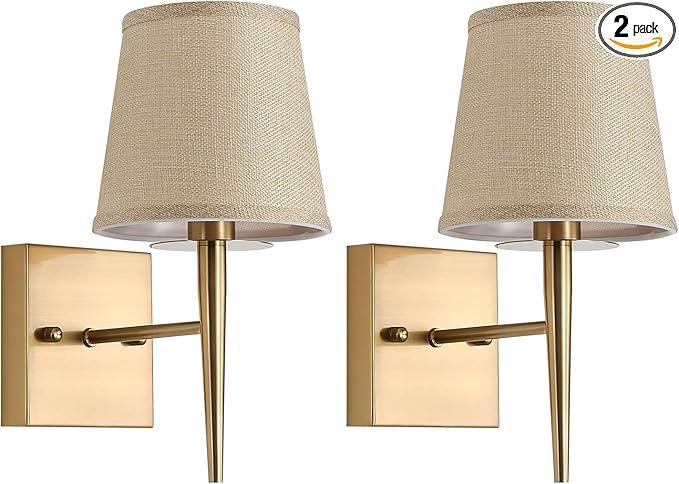 EFINEHOME Set of 2 Mid-Century Modern Wall Sconce with Fabric Shade| 1-Light Antique Gold Indoor Wall Lamp Fixture| Hallway Bathroom Vanity Light Sconces Mirror Cabinet Stairway Wall Lights (Grey)