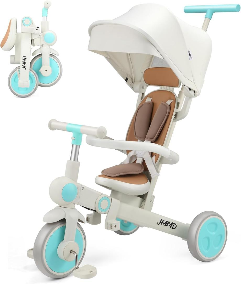 JMMD Baby Tricycle, 7-in-1 Multifunctional Kids Trike with Adjustable Parent Handle, Safety Harness & Wheel Brakes, Removable Canopy, Stroll Trike for Boys & Girls Ages 18 Months-5 Years, Mint, Medium