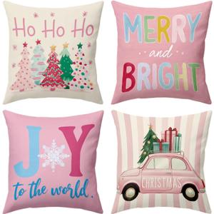 BBOLDIN Pink Christmas Throw Pillow Covers 18x18 Couch Cushion Covers, Holiday Tree Decorations for Sofa Home, Xmas Country Striped Car Farmhouse Pillow Cases Winter Decor Set of 4