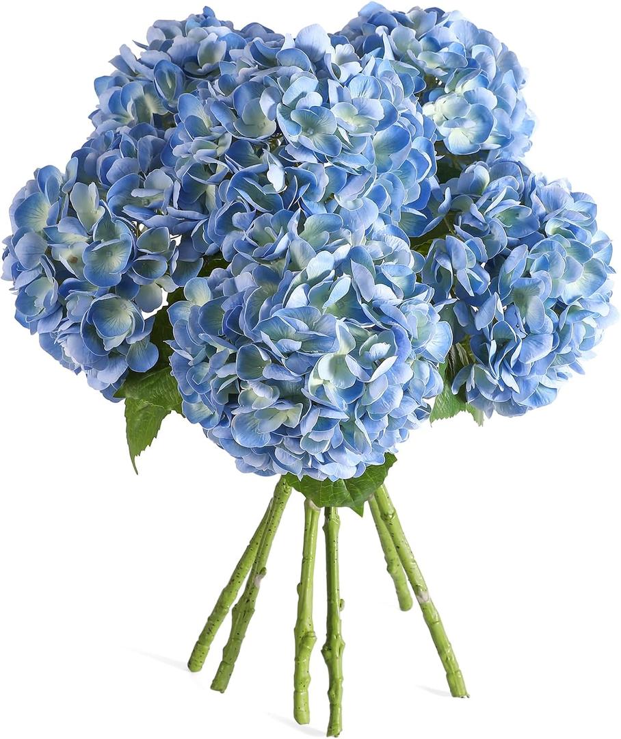 Kisflower 6PCS 22 inch Hydrangea Artificial Flowers Real Touch Blue Faux Hydrangea Flowers with Home Office Decor or Wedding Arrange Holiday and Birthday Party Decorations(Blue)