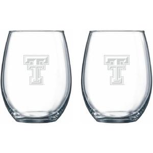 Texas Tech Red Raiders Stemless Wine Glass Set Officially Licensed Satin Frost Team Logo Clear Beverage Glasses Heavy-Duty Glass Made in USA Set of Two, 15 oz