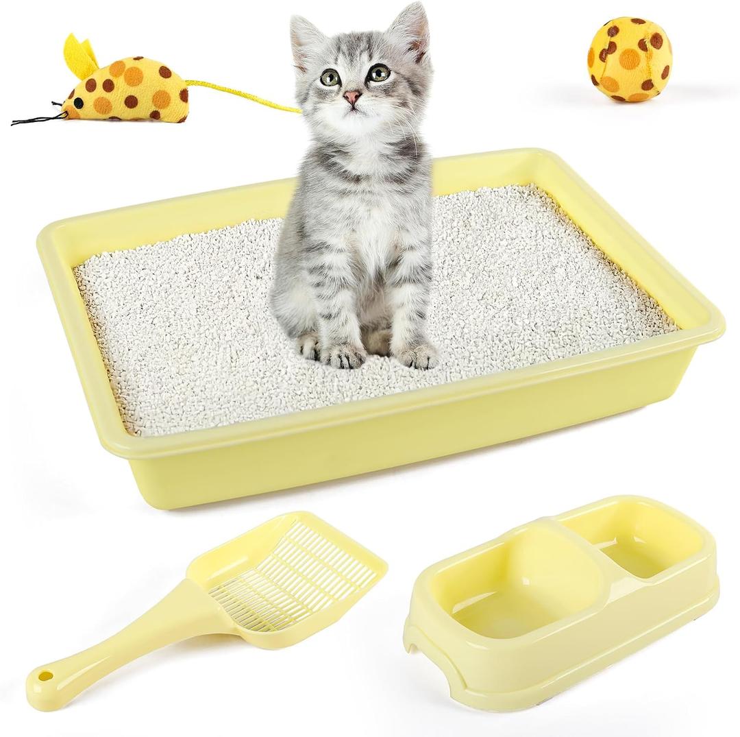 PAWISE Cat Litter Box Set, Small Kitten Starter Kit, Includes Litter Box, Litter Scoop, Double Dish Feeding Bowl, Cat Mouse Toy, Kitty Ball Toy, Yellow