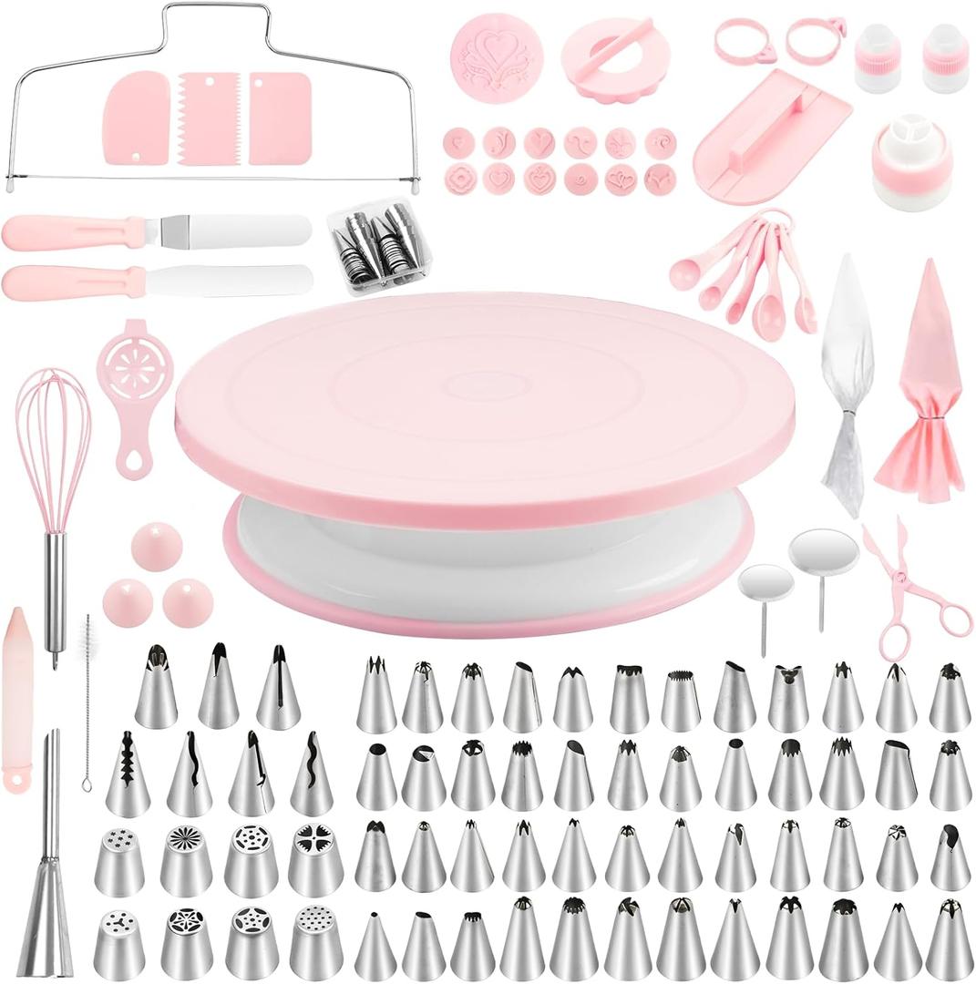 Cake Decorating Supplies Kit, Cake Turntable for Decorating, 64 Icing Ping Tips, 32 Piping Bags,3 Icing Scrapers, 2 Spatulas, 14 Fondant Mould, Cake Leveler for Baking Beginners