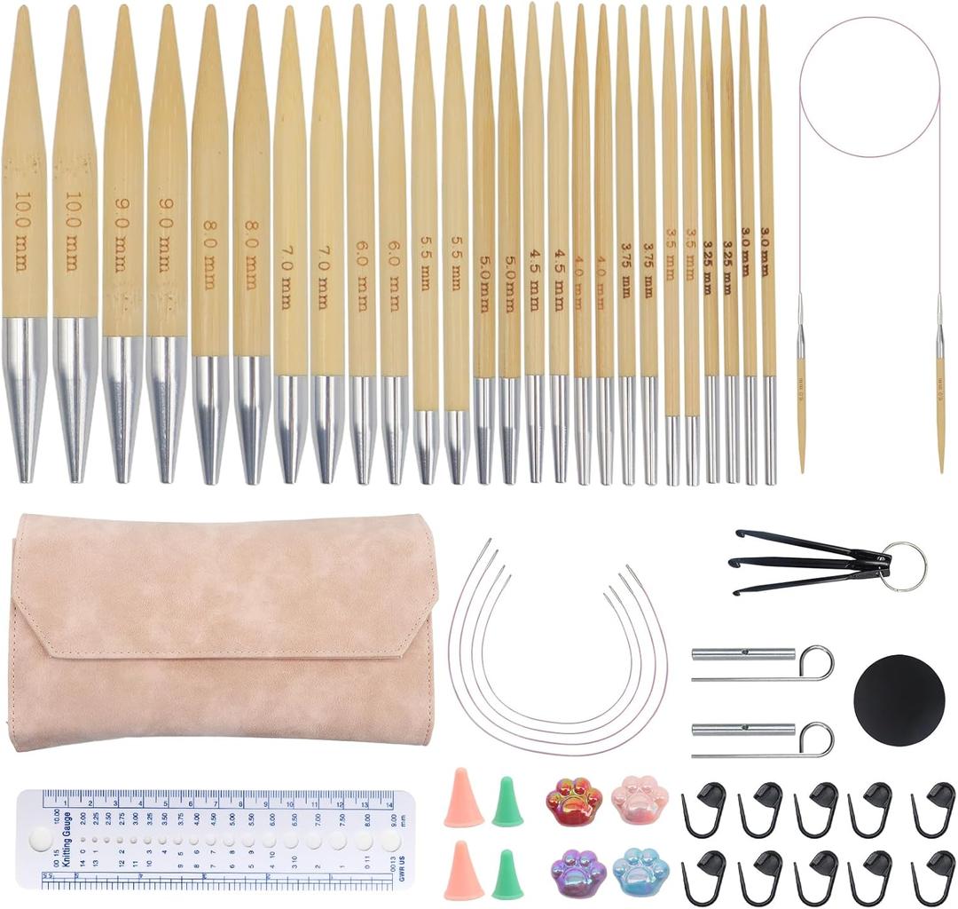 Soleeya 13 Pairs Interchangeable Knitting Needles Set,Interchangeable,Circular Bamboo Knitting Needles for Beginners 0.12-0.39in Handmade DIY, Complete Accessories