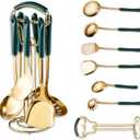 Gold Kitchen Utensils,7pieces Gold Cooking Utensils Set,Kitchen Tools Set With Utensil Holder, gold kitchen accessories,Dishwasher Safe, Easy To Clean (Green)
