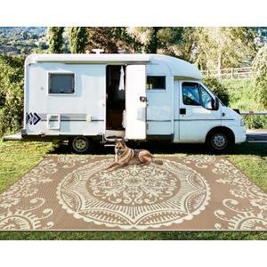 Capslpad 9ftx12ft RV Camping Outdoor Rug Beige Waterproof Outside Plastic Straw Rug Reversible Boho Floral Balcony Carpet Foldable Backyard Area Rug with Carry Bag for Patio Deck Bench Picnic Porch (8'10" x 11'11" (Rectangular), Beige)