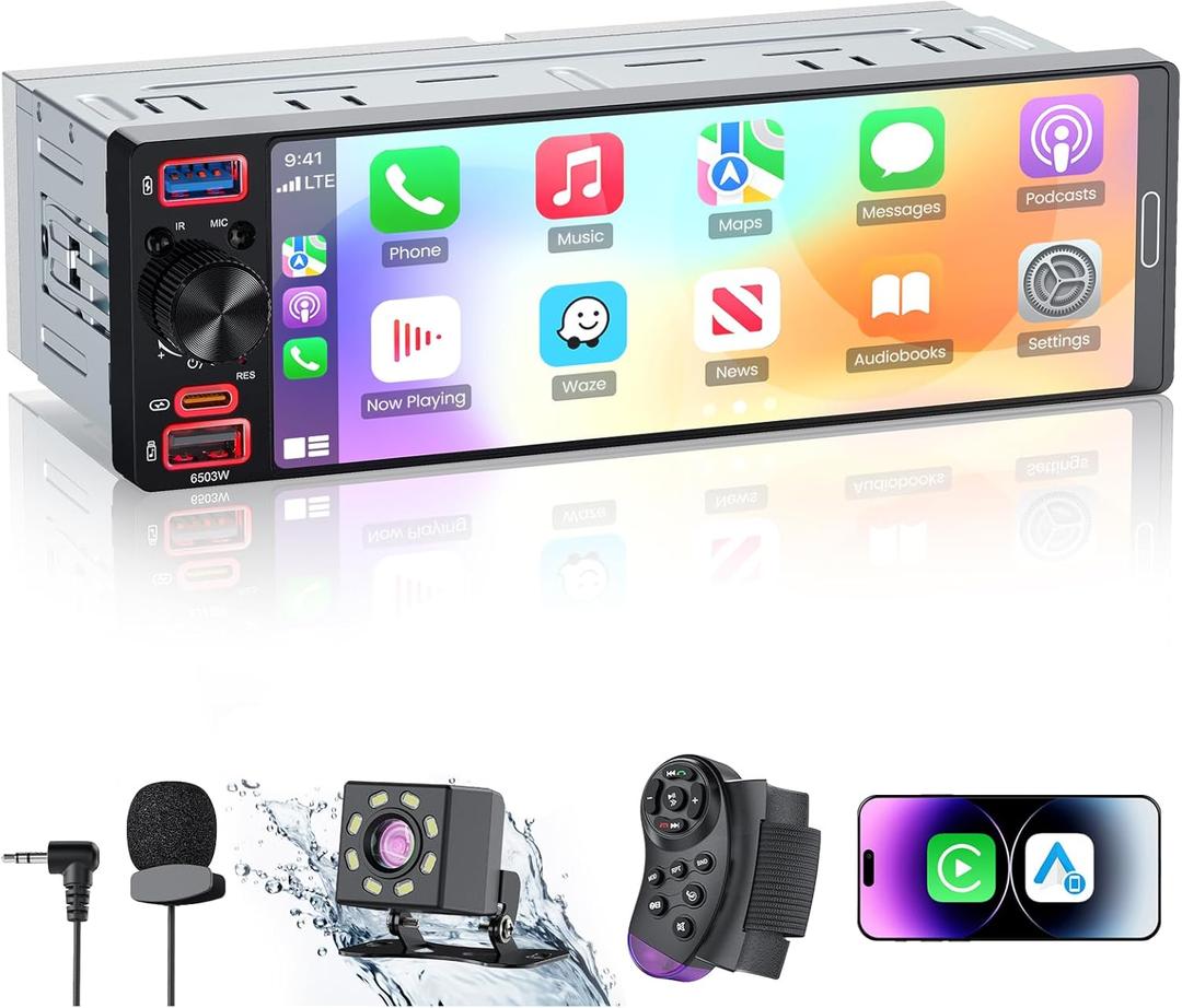 Single Din Radio Car Stereo with Apple CarPlay & Android Auto, 6.5 InCell Touchscreen Car Radio with 1080P Backup Camera, Mirror Link, Bluetooth 6.0, GPS, AM&FM, USB & Type-C Fast Charging, EQ, SWC
